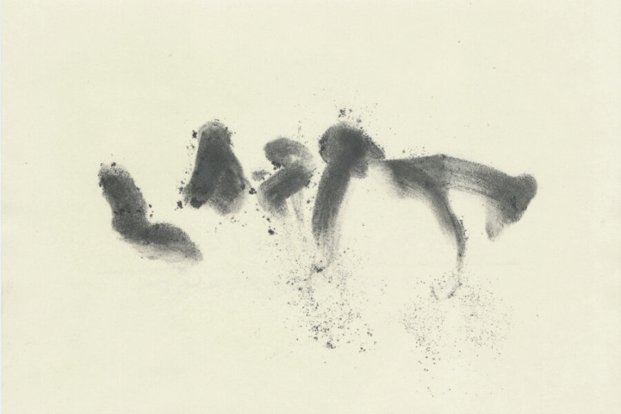 Pavel Korbička, Jazyk, 2016/2017, kresba, 14.5 x 20.5 cm, součást projektu „Něco něčím / Daliborem Chatrným“ Filipa Cenka a Barbory Klímové (Kresba pěti prsty pravé ruky, kdy každý prst ve stejném čase kreslí jedno písmeno slova.)